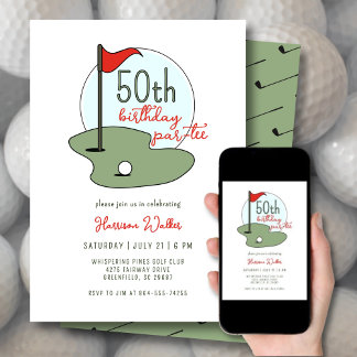 Convites Golf 50th Birthday Party Hand Drawn Modern Green