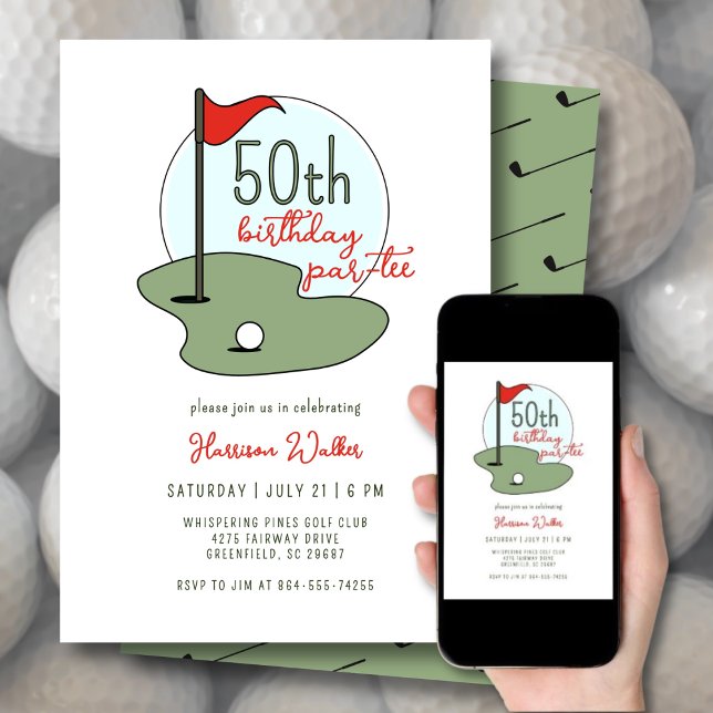 Convites Golf 50th Birthday Party Hand Drawn Modern Green (Criador carregado)