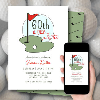 Convites Golf 60th Birthday Party Hand Drawn Modern Green