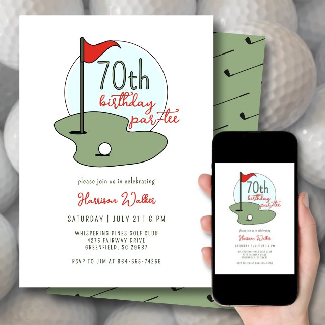 Convites Golf 70th Birthday Party Hand Drawn Modern Green (Criador carregado)