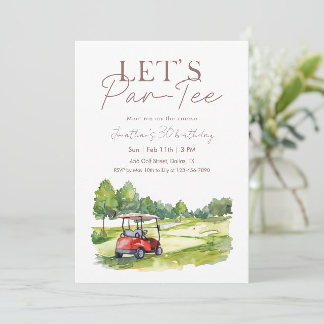 Convites Golf Cart Birthday Party Meet Me on the Course (Em pé/Frente)