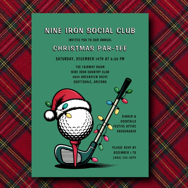 Convites Golf Festive Christmas Holiday Par-tee Green  (Easily edit all event details—make it yours.)