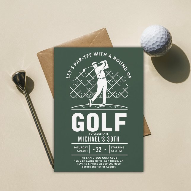 Convites Golf Golfer Golfe Elegante aniversário de 30 anos (golf party 30th birthday invitation him men boyfriend golfer golfing elegant modern classy)