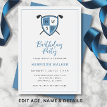 Convites Golf Modern 50th Adult Birthday Party Stylish Blue<br><div class="desc">Celebrate in classic golf style with this modern adult birthday invitation featuring a personalized crest and crossed golf clubs. The clean design uses a refined palette of light gray, dusty blue, and charcoal for a sophisticated golf-themed celebration that works for any age milestone. The elegant script headline and structured layout...</div>