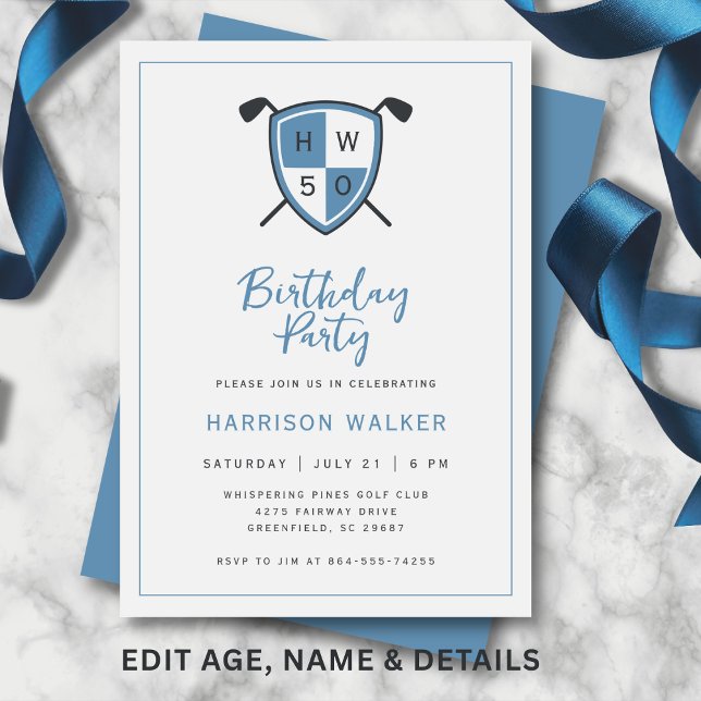 Convites Golf Modern 50th Adult Birthday Party Stylish Blue (Modern golf crest design with personalized initials and age.)