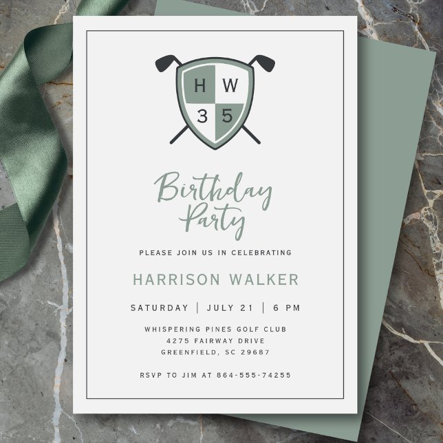 Convites Golf Modern Any Age Birthday Party Stylish Green (Modern golf crest design with personalized initials and age.)