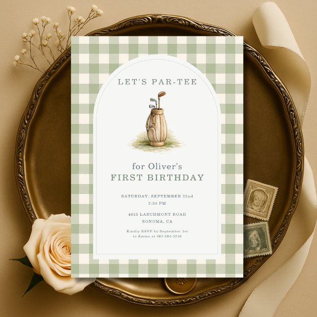Convites Golf Par-Tee Sage Green Gingham 1st Birthday (Criador carregado)