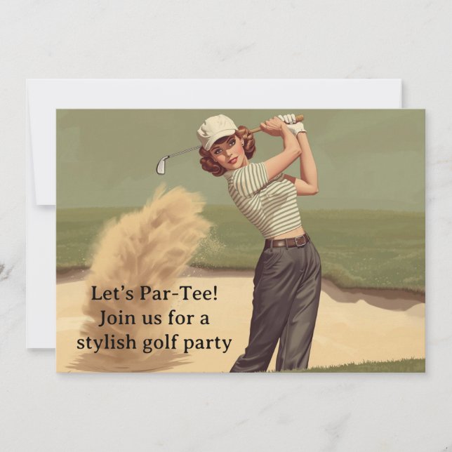 Convites Golf  Retro Golf Chic: Woman Golfer at the Green (Frente)