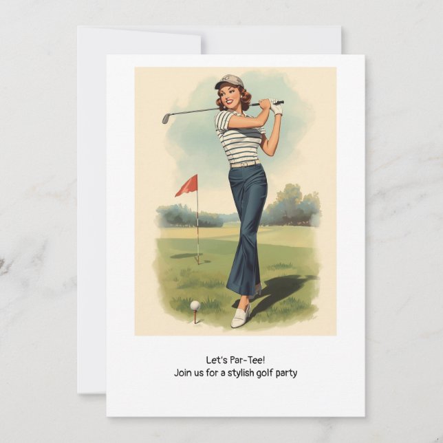 Convites Golf  Retro Golf Chic: Woman Golfer at the Green (Frente)