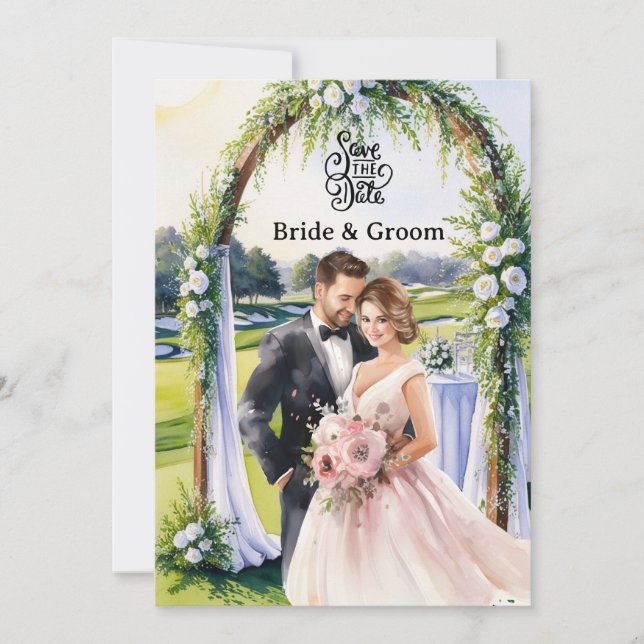Convites Golf Wedding Invitation card with bride and groom (Frente)