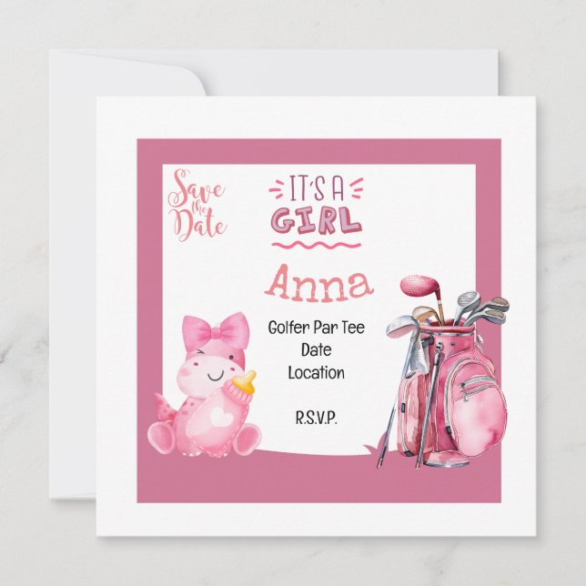 Convites Golfe é tema rosa chá de fraldas para jogadora de  (Frente)