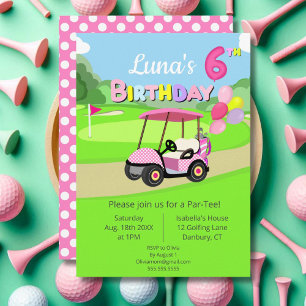 Convites Golfe-Garota-Rosa-Rosa-Bolinhas-de-Aniversário-Bon