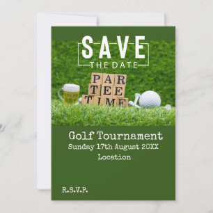 Convites Golfe Salve a data com bola de golfe no verde