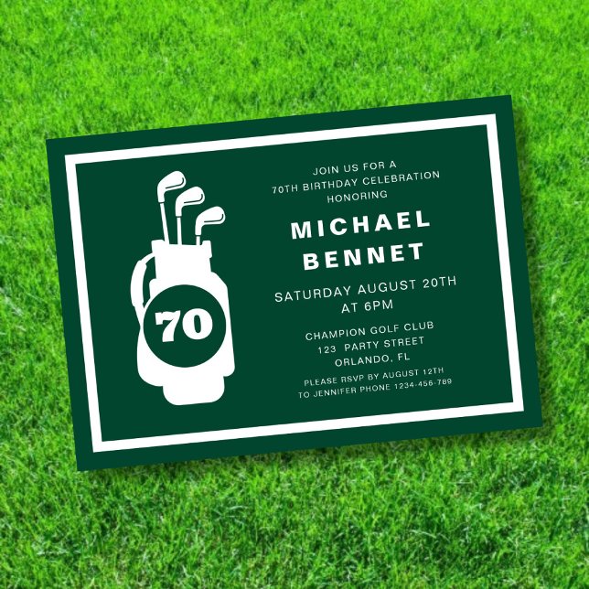 Convites Golfe Verde Moderno Aniversário de 70 anos (Modern Green Golf 70th Birthday Invitation)