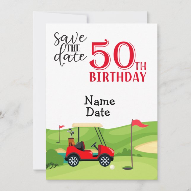 Convites Golfer 50º aniversário com carrinho de golfe Salve (Frente)
