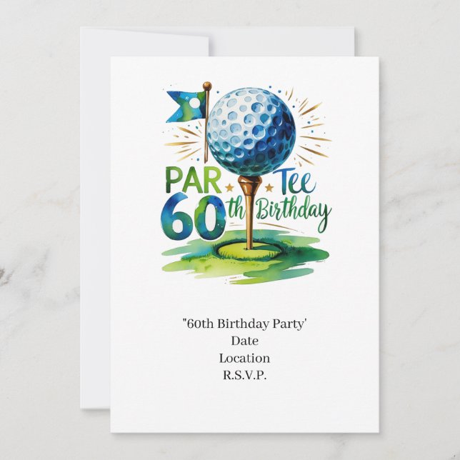 Convites Golfer 60º Aniversário com bola de golfe no tee (Frente)