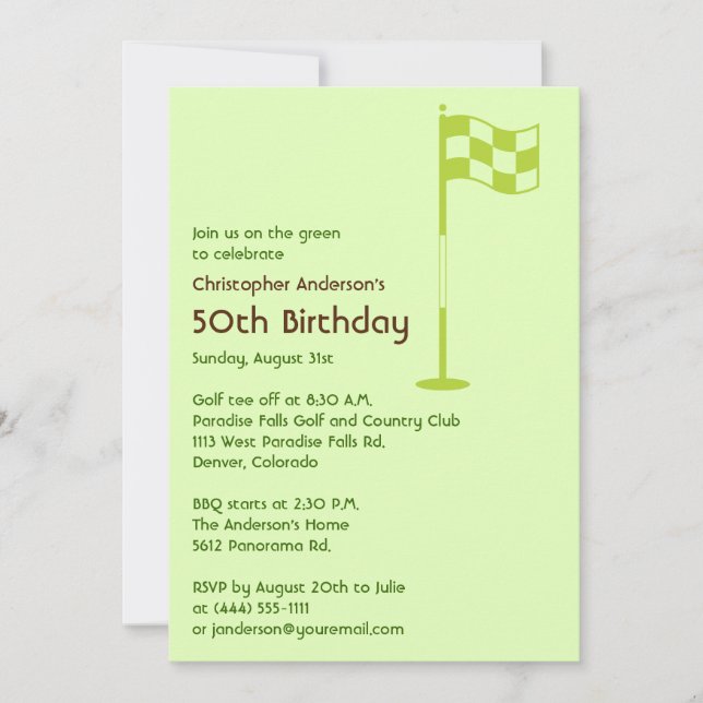 Convites Golfer Golf Golf Green Brown 50º aniversário (Frente)