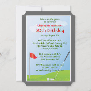 Convites Golfer Golf Golfe Ball and Flag aniversário de 30