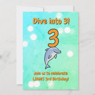 Convites Golfinho Azul Fofo Aniversário de 3 anos Mergulhe