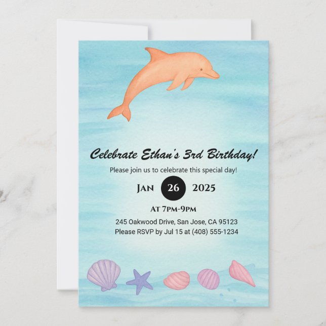 Convites Golfinho Rosa e Praia de Conchas de Aniversário  (Frente)