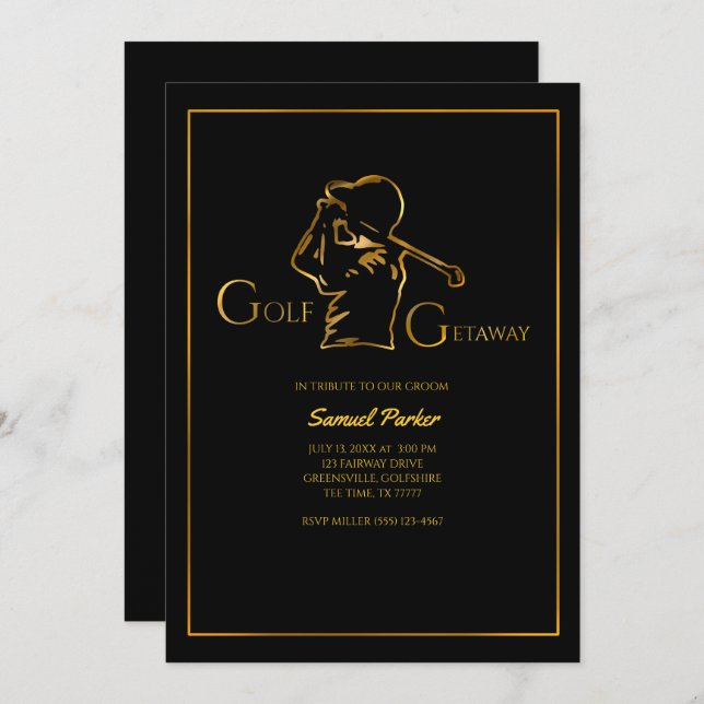 Convites Golfista Golf Bachelor Party Luxury Faux Dourado (Frente/Verso)