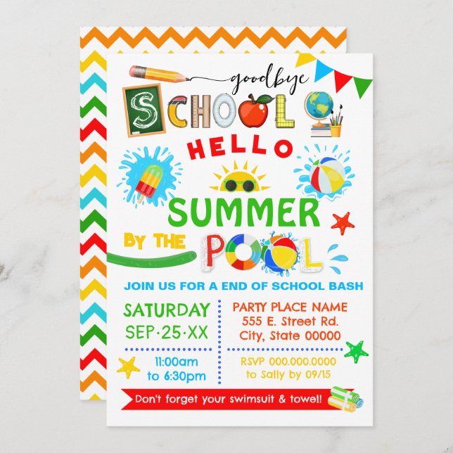 Convites Goodbye School Hello Summer Piscina Bash (Frente/Verso)