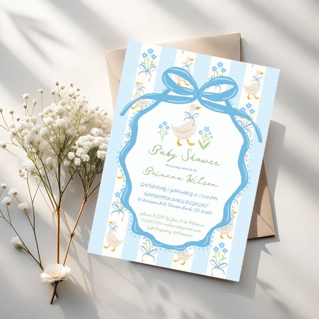 Convites Goose nursery rhymes baby shower (Silly Goose nursery rhymes pastel blue ribbon preppy baby shower invitation cards template)