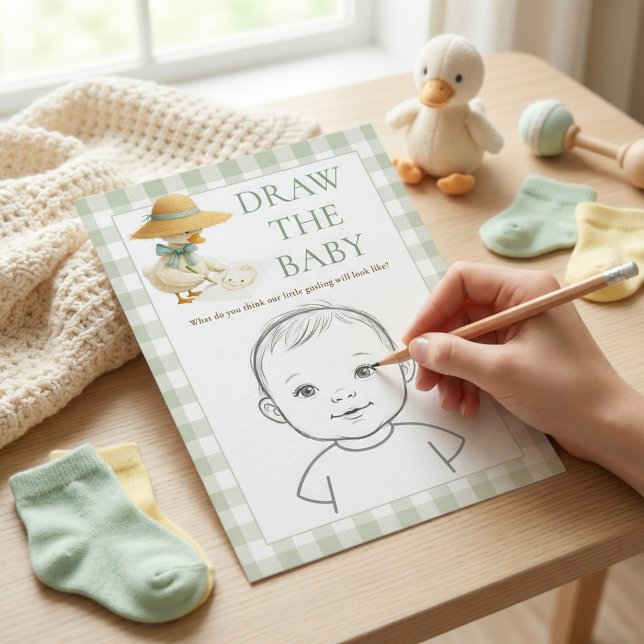 Convites Goose Sage Gingham Draw The Baby Shower Game Card (Criador carregado)
