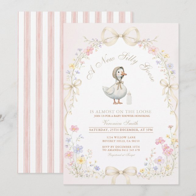 Convites Goose Wildflower Pink Ivory Baby Shower (Frente/Verso)