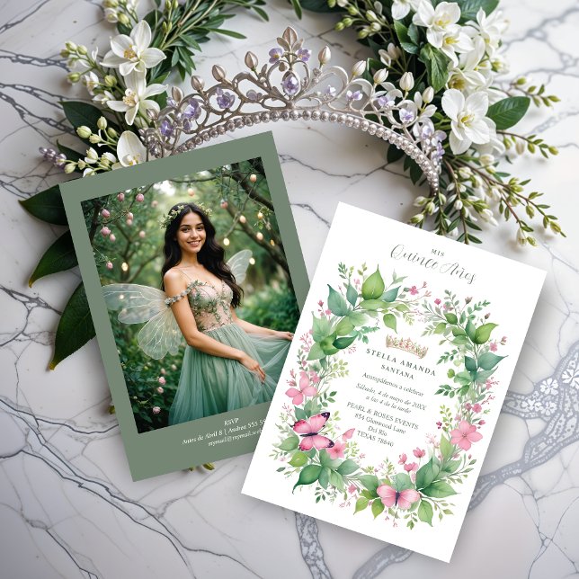 Convites Gorgeous Spring Tiara Green & Pink Floral Spanish  (Gorgeous Spring Tiara Green & Pink Floral Spanish Quinceañera Photo Invitations Cards. )