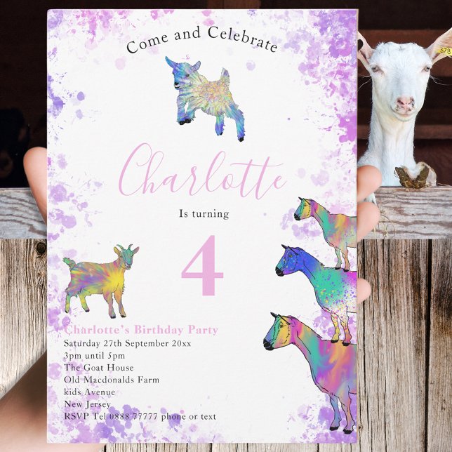 Convites Gosta de cor d'água, cor-de-rosa (Goat themed girls 4th birthday party invitation colorful farm animal watercolor pink purple blue )