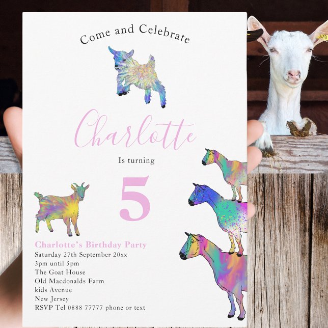 Convites Gosta de cor d'água, cor-de-rosa (Cute goats colorful farm animal watercolor art 5th birthday party invitation )