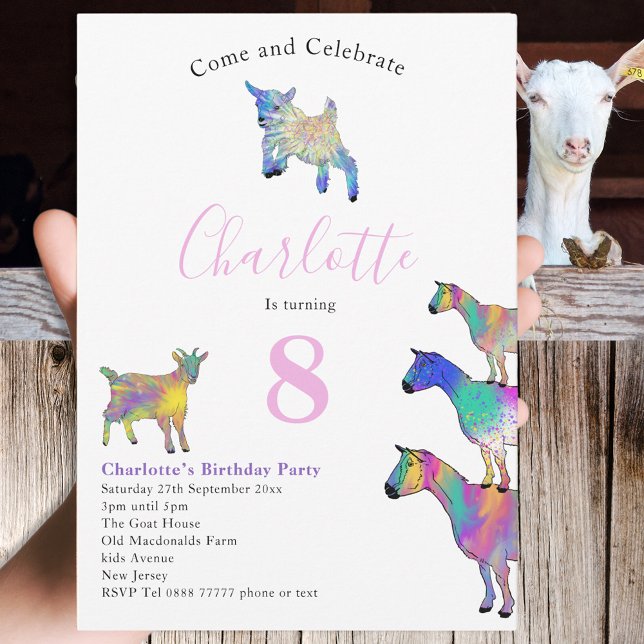 Convites Gosta de cor d'água, cor-de-rosa (Cute goat 8th birthday party  invitation colorful watercolor farm animals )