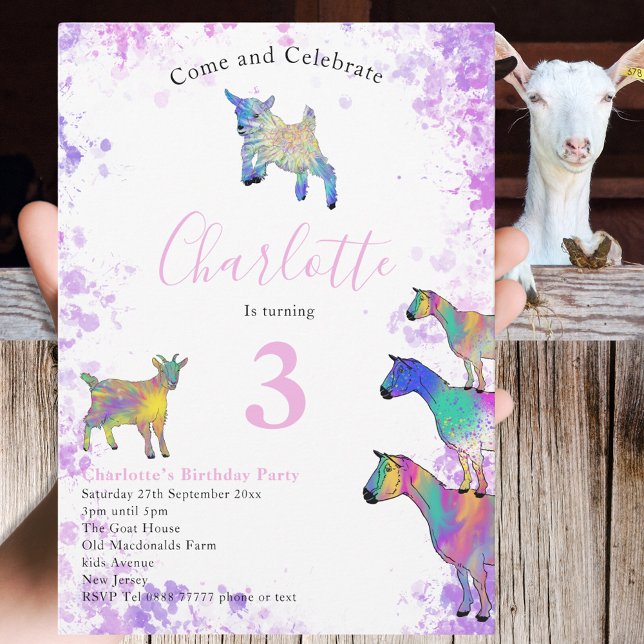 Convites Gosta de cor d'água, cor-de-rosa (Cute goats colorful farm animal watercolor art 3rd birthday party invitation)