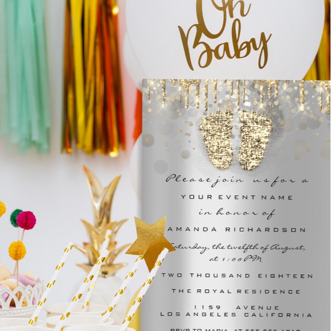 Convites Gota Chá de fraldas Brilhante Pés Dourado Garota C (Drips Glitter Baby Shower Feet Gold Gray Girl Boy Invitation)