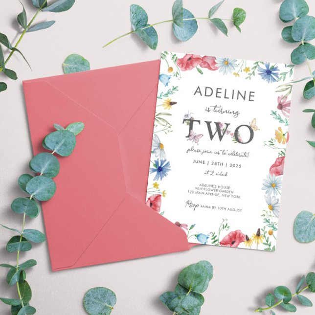 Convites Gota de Flor segundo aniversário de Borboleta Flor (2nd Birthday invitation girl second birthday wildflower spring garden cute template instant download)