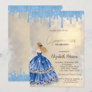 Convites Gotas de Brilho Azul Claro, Garota de Vestido Dour
