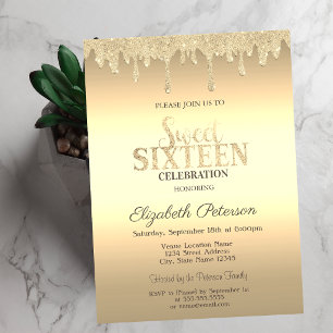 Convites Gotas de Brilho Dourado Sweet 16