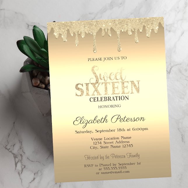 Convites Gotas de Brilho Dourado Sweet 16 (Criador carregado)