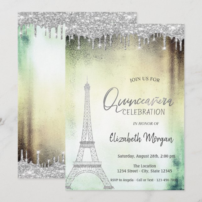 Convites Gotas de Brilho, Eiffel Tower Verde Quinceanera  (Frente/Verso)