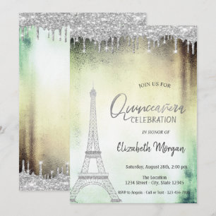Convites Gotas de Brilho, Eiffel Tower Verde Quinceanera 