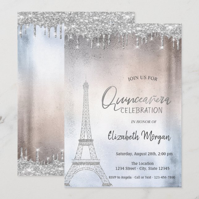 Convites Gotas de Brilho Prateado Torre Eiffel Quinceanera (Frente/Verso)