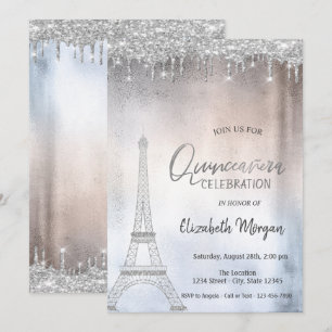 Convites Gotas de Brilho Prateado Torre Eiffel Quinceanera