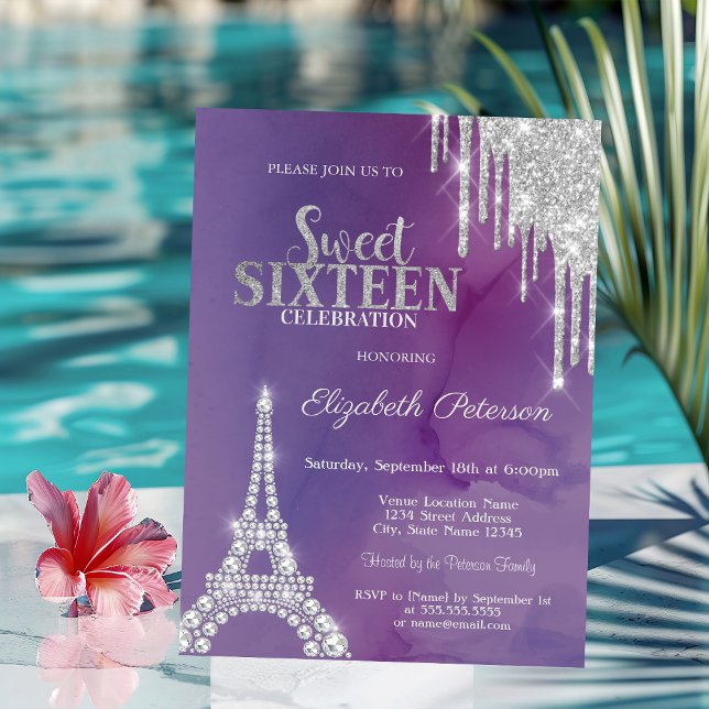 Convites Gotas de Brilho Prateado Torre Eiffel Violeta Swee (Criador carregado)