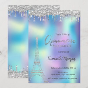 Convites Gotas de Brilho Torre Eiffel Quinceanera Holográfi