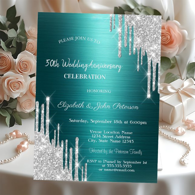 Convites Gotas de Brilho Verde Aniversário de Casamento (Criador carregado)