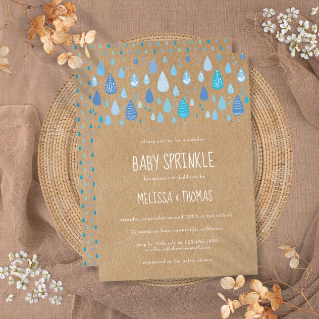 Convites Gotas de Chuva Azuis Fofas para Chá de Bebê Casal (Cute Blue Raindrops Couples Baby Shower Sprinkle Invitation)