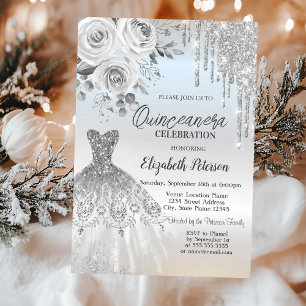Convites Gotas de Prata, Rosas de Vestido, Quinceanera