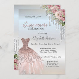 Convites Gotas de Prata, Rosas de Vestido, Quinceanera