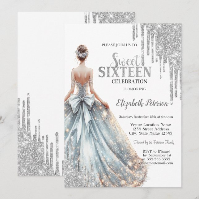 Convites Gotas legal De Lente De Prata, Doce De Garota 16 (Frente/Verso)